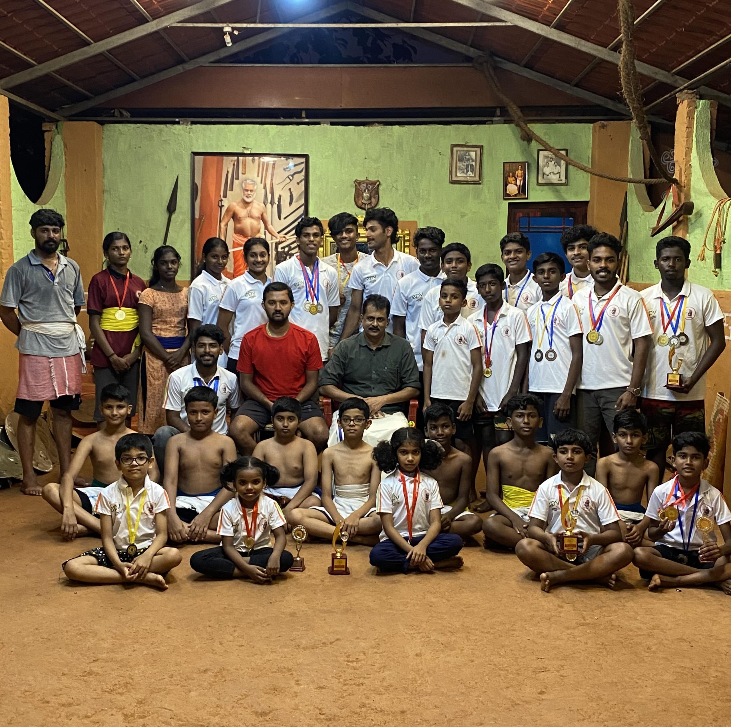 Kalari Students with Shaji Gurukkal at CVN Kalari Kaduthuruthy
